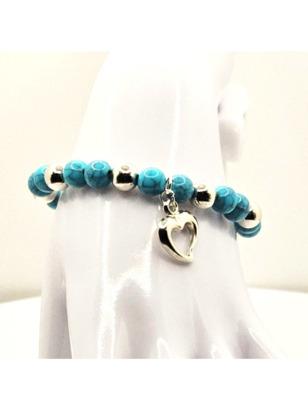 Turquoise Heart Bracelet, Blue Beaded Bracelet, Silver Tone Charm Bracelet, Stre